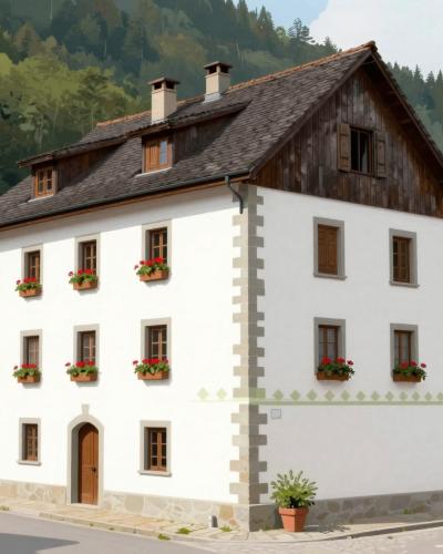 AI-generated illustration of Fovšaritnica Museum House, a tall whitewashed ironworkers' townhouse with a steep shingled roof in the village of Kropa