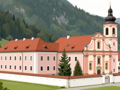 AI-generated illustration of the Franciscan Library in Kamnik, housed in the pink baroque Franciscan monastery complex with its bell tower beneath a wooded hill