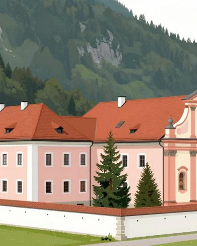 AI-generated illustration of the Franciscan Library in Kamnik, housed in the pink baroque Franciscan monastery complex with its bell tower beneath a wooded hill