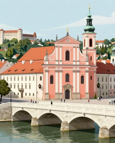 AI-generated illustration of the Free Walking Tour in Ljubljana's old town, with the pink Franciscan church, the Triple Bridge over the Ljubljanica and the castle hill behind