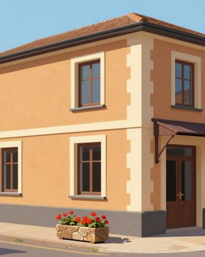 AI-generated illustration of Galerija Kambič, a two-storey ochre gallery house with cream window frames and a curved metal entrance canopy in Metlika