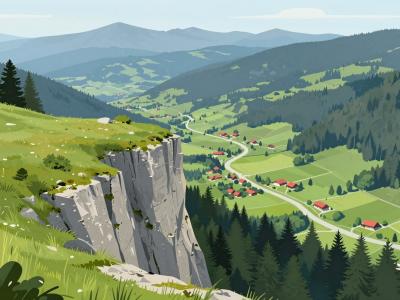 AI-generated illustration of Galetovec, a grassy cliff-top viewpoint high above the green Sava Bohinjka valley near Bohinjska Bela