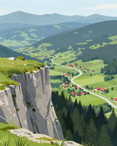 AI-generated illustration of Galetovec, a grassy cliff-top viewpoint high above the green Sava Bohinjka valley near Bohinjska Bela