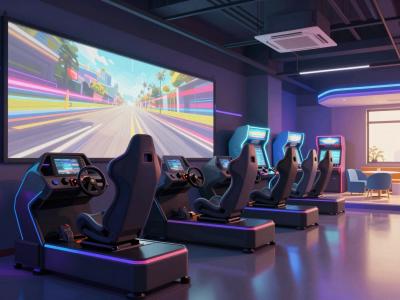 AI-generated illustration of a game and entertainment center with motion simulators in Ravne na Koroškem, with racing simulator pods under neon lighting