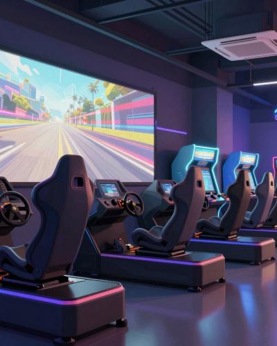 AI-generated illustration of a game and entertainment center with motion simulators in Ravne na Koroškem, with racing simulator pods under neon lighting