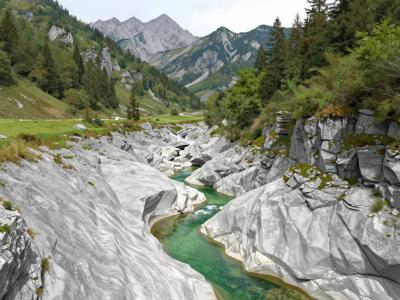 AI-generated illustration of geologic formations near Stara Fužina — a karst limestone gorge with an emerald stream in an alpine valley