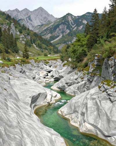 AI-generated illustration of geologic formations near Stara Fužina — a karst limestone gorge with an emerald stream in an alpine valley