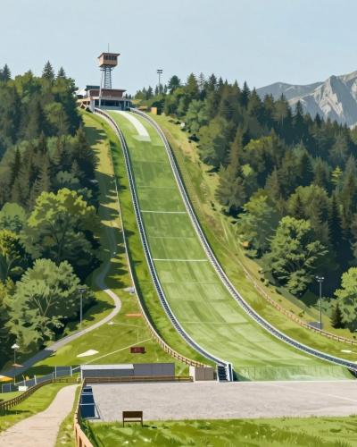 AI-generated illustration of Gorišek Brothers' hill in Planica, the giant ski flying hill, seen in summer from the valley floor