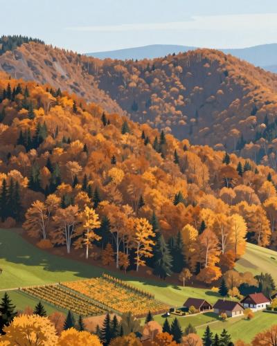 AI-generated illustration of the Gorjanci Hills — beech-forested ridges above Novo Mesto glowing in autumn colors