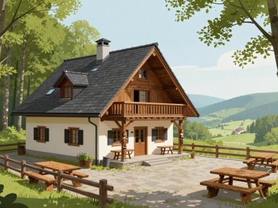 AI-generated illustration of Gospodična Mountain Hut on the Gorjanci ridge, with its picnic terrace among beech trees above the valley