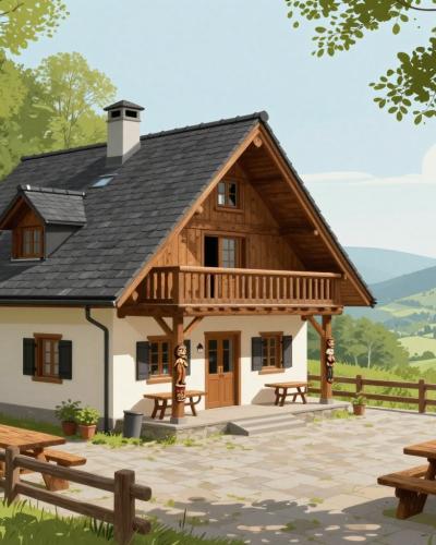 AI-generated illustration of Gospodična Mountain Hut on the Gorjanci ridge, with its picnic terrace among beech trees above the valley