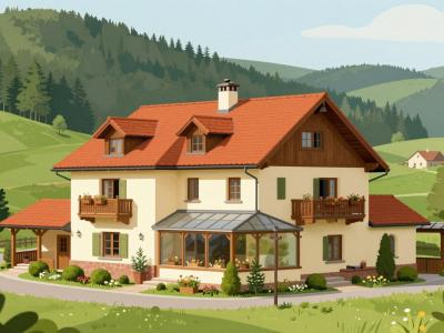 AI-generated illustration of Gostilna Smogavc, a family-run guesthouse with flower-decked balconies in the Pohorje foothills near Zreče