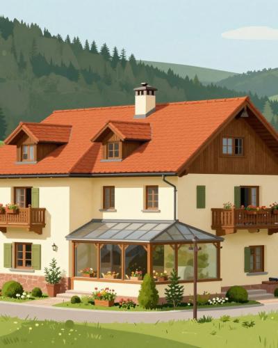 AI-generated illustration of Gostilna Smogavc, a family-run guesthouse with flower-decked balconies in the Pohorje foothills near Zreče