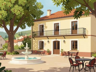 AI-generated illustration of Gostišče Senica in Senovo — the inn's shaded courtyard terrace with its ornamental fountain