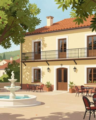 AI-generated illustration of Gostišče Senica in Senovo — the inn's shaded courtyard terrace with its ornamental fountain