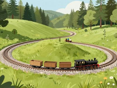AI-generated illustration of Gozdna železnica Raka, a ride-on miniature forest railway looping through a grassy clearing near Raka