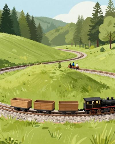 AI-generated illustration of Gozdna železnica Raka, a ride-on miniature forest railway looping through a grassy clearing near Raka