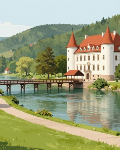 AI-generated illustration of Grajski Park Otocec, the riverside castle park on the Krka with the island castle and wooden footbridge