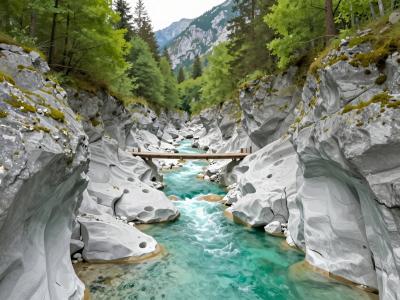 AI-generated illustration of the Great Soca Gorge near Bovec, a narrow limestone canyon with emerald water and a wooden footbridge