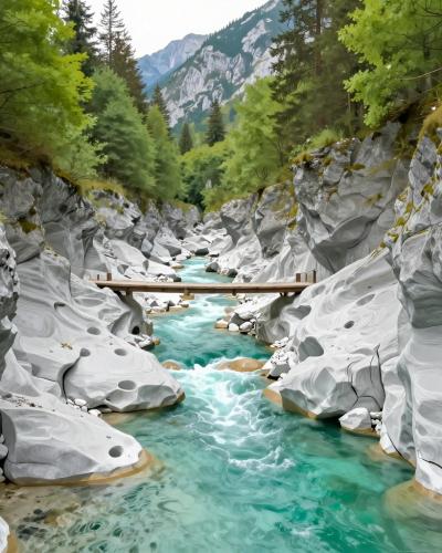 AI-generated illustration of the Great Soca Gorge near Bovec, a narrow limestone canyon with emerald water and a wooden footbridge