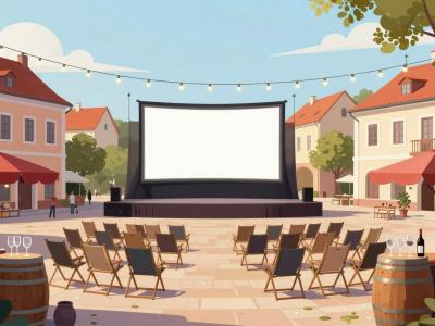 AI-generated illustration of the Grossmann Fantastic Film and Wine Festival, an open-air cinema with wine stands on the main square in Ljutomer