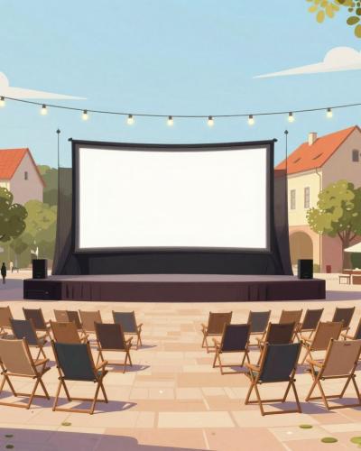 AI-generated illustration of the Grossmann Fantastic Film and Wine Festival, an open-air cinema with wine stands on the main square in Ljutomer