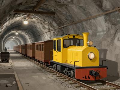AI-generated illustration of the guided mining train tour at Podzemlje Pece, a yellow mine locomotive with wooden passenger cars in an underground tunnel