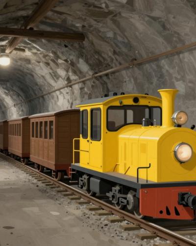 AI-generated illustration of the guided mining train tour at Podzemlje Pece, a yellow mine locomotive with wooden passenger cars in an underground tunnel