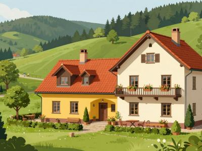 AI-generated illustration of Haler Homestead in Olimje near Podčetrtek, a yellow and cream guesthouse with red tiled roofs among green hills