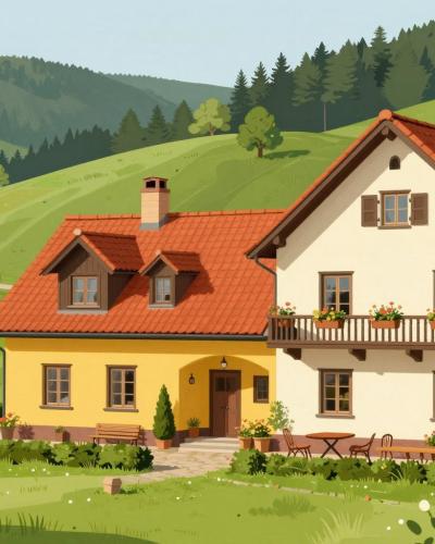 AI-generated illustration of Haler Homestead in Olimje near Podčetrtek, a yellow and cream guesthouse with red tiled roofs among green hills