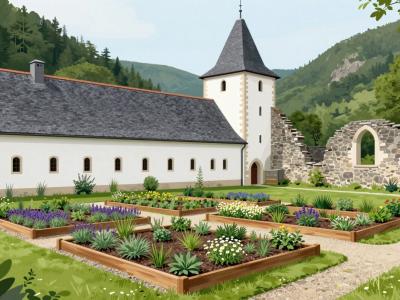 AI-generated illustration of the herb garden at Žička kartuzija, raised beds of medicinal herbs beside the white monastery buildings and stone ruins
