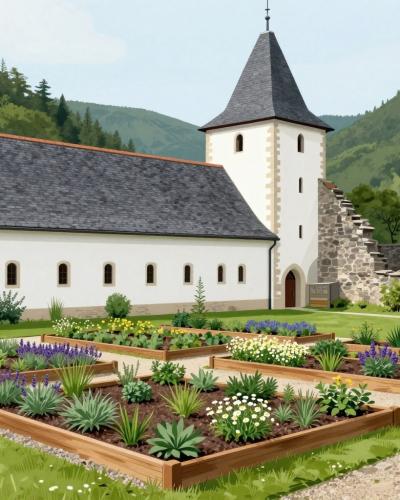 AI-generated illustration of the herb garden at Žička kartuzija, raised beds of medicinal herbs beside the white monastery buildings and stone ruins