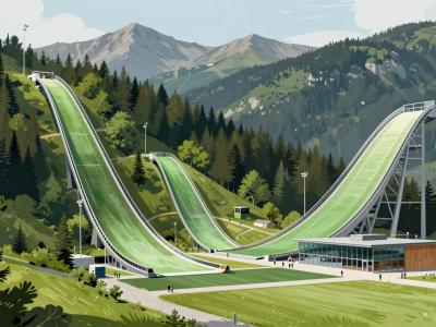 AI-generated illustration of Heroes of Planica, the augmented reality game explored around the ski jumping hills of the Planica Nordic Centre