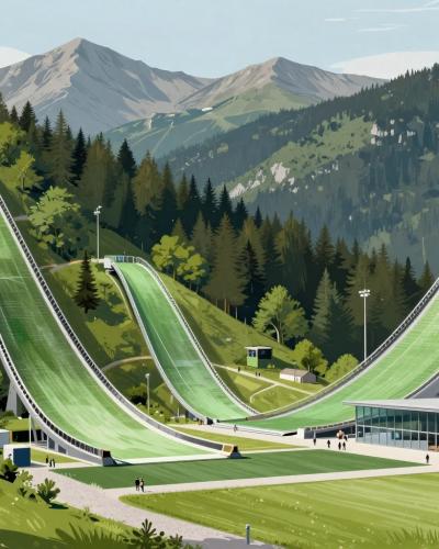 AI-generated illustration of Heroes of Planica, the augmented reality game explored around the ski jumping hills of the Planica Nordic Centre