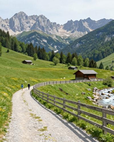 AI-generated illustration of Hiking along well-maintained paths in Stara Fužina — a gravel trail through alpine meadows with haylofts, a mountain stream and limestone peaks of the Julian Alps