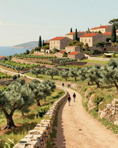 AI-generated illustration of Hiking and Camping Tours in Korte — a footpath through terraced Istrian hills with olive groves and vineyards above the Gulf of Trieste