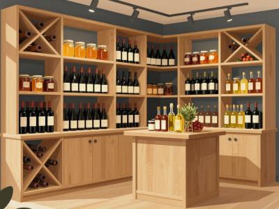 AI-generated illustration of Hiša dobrot Bele krajine in Metlika — a regional-delicacies shop interior with oak shelving, wine racks, honey and preserves