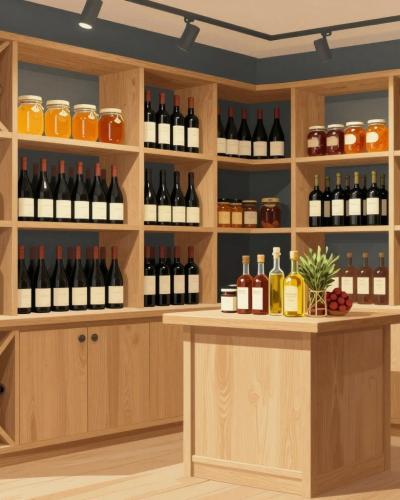 AI-generated illustration of Hiša dobrot Bele krajine in Metlika — a regional-delicacies shop interior with oak shelving, wine racks, honey and preserves