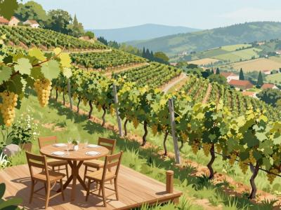 AI-generated illustration of Hiša Joannes Protner Winery near Lenart and Maribor — a tasting terrace above steep Riesling vineyard slopes in the Štajerska hills