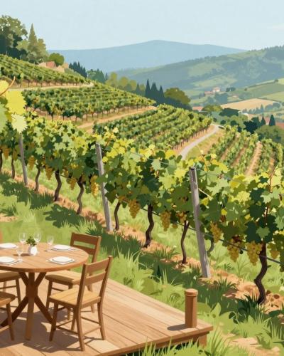 AI-generated illustration of Hiša Joannes Protner Winery near Lenart and Maribor — a tasting terrace above steep Riesling vineyard slopes in the Štajerska hills