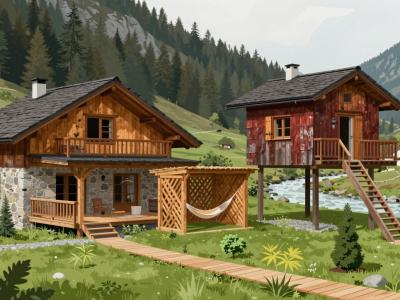 AI-generated illustration of Hiša Raduha — a boutique guesthouse garden with a stone-and-larch farmhouse, latticed hayrack lounge and shingled treehouse suite in an alpine river valley