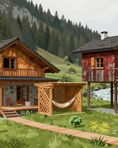 AI-generated illustration of Hiša Raduha — a boutique guesthouse garden with a stone-and-larch farmhouse, latticed hayrack lounge and shingled treehouse suite in an alpine river valley