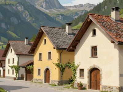 AI-generated illustration of Historic Alpine architecture in Dovje — traditional farmhouses with semi-circular arched stone door portals beneath the Karavanke mountains