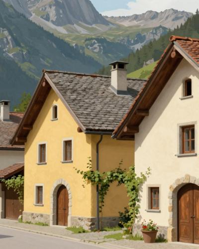 AI-generated illustration of Historic Alpine architecture in Dovje — traditional farmhouses with semi-circular arched stone door portals beneath the Karavanke mountains