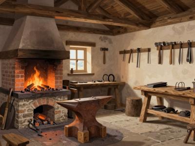 AI-generated illustration of the Historic Blacksmith Site in Dovje — a traditional alpine village smithy with forge hearth, anvil and iron tools
