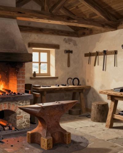 AI-generated illustration of the Historic Blacksmith Site in Dovje — a traditional alpine village smithy with forge hearth, anvil and iron tools