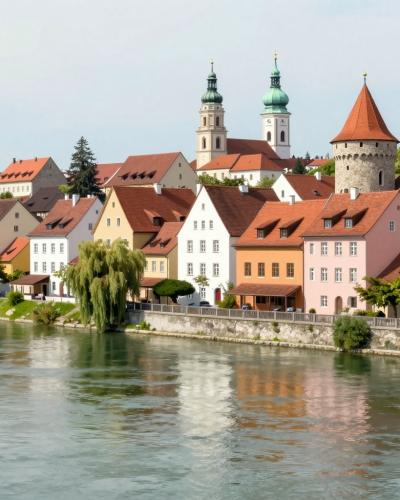 AI-generated illustration of Historic Sites in Maribor — the old town waterfront on the Drava river with a round medieval tower, church spires and vineyard hills