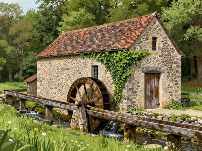 AI-generated illustration of the historical remnants of Mazurinov Mill, a rustic stone watermill with a wooden water wheel beside the Dragonja River