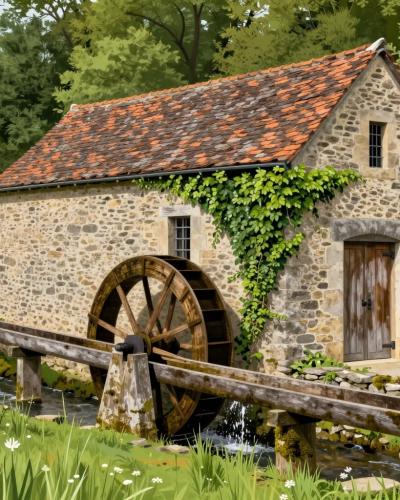 AI-generated illustration of the historical remnants of Mazurinov Mill, a rustic stone watermill with a wooden water wheel beside the Dragonja River