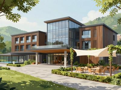 AI-generated illustration of Hotel Balnea, a modern timber-and-glass wellness hotel in the spa park of Dolenjske Toplice